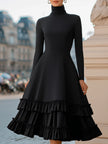 FJØRNA high-neck A-line tiered ruffle midi dress featuring layered fabric and elegant design, perfect for stylish occasions.