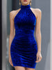 Royal blue velvet halter bodycon mini dress by FJØRNA, featuring a fitted silhouette and elegant halter neckline.