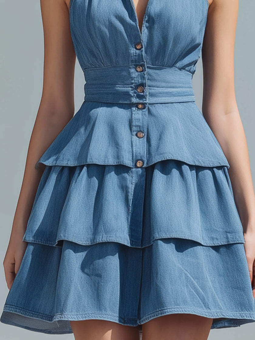 FJØRNA blue halter neck tiered ruffle denim mini dress with ruffle details and sleeveless design, perfect for summer wear.