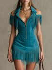 Peacock blue faux suede tassel mini dress by FJØRNA, casual style with tassel details and fitted silhouette.