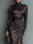 Women's dark brown satin maxi dress with irregular hem and lace details by FJØRNA, featuring a slim fit and elegant design.