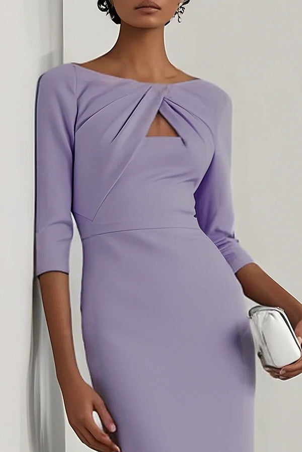 FJØRNA solid color round neck slim-fit midi dress with hollowed-out detail, elegant and stylish for formal occasions