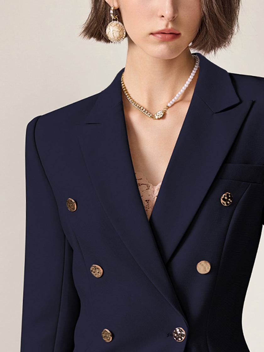 FJØRNA navy lapel double-breasted two-piece suit set, tailored jacket with matching trousers, stylish formal attire for men.
