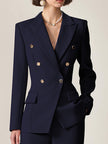 FJØRNA navy lapel double-breasted two-piece suit set with matching blazer and trousers, tailored for a sleek, professional look.