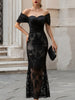 FJØRNA off-shoulder floral lace mermaid evening gown with ruched bodice and long sleeves, elegant maxi dress for formal occasions.