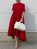FJØRNA high-low white maxi dress with short sleeves, solid color, flowing design, suitable for casual or formal occasions.