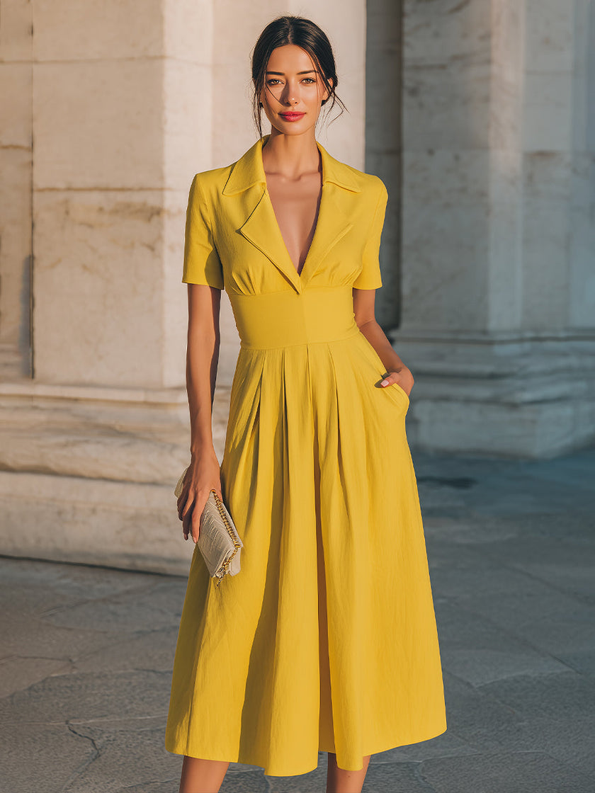 Collared Short-Sleeve Midi Dress With Structured Waist – Midi Dress For Women