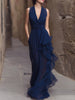 Navy deep V-neck ruffled chiffon maxi dress by FJØRNA featuring flowing fabric and elegant design for formal occasions.