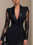 FJØRNA black blazer-style lace midi dress for women, elegant formal dress with tailored fit and intricate lace details.