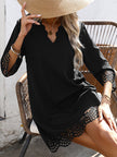FJØRNA white A-line mini dress with V-neck and loose hollow design, made of solid color fabric, perfect for casual or summer wear.
