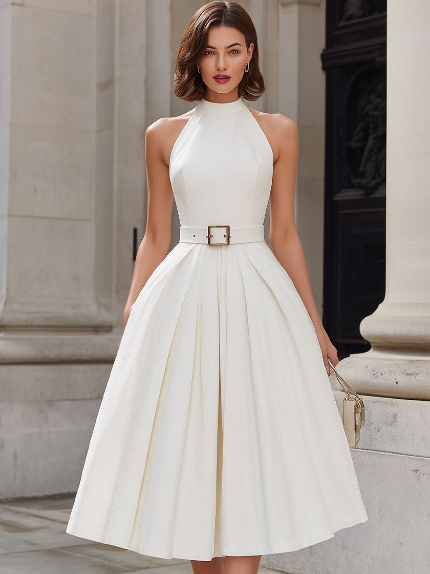 Ivory FJØRNA halter neck pleated midi dress for women, featuring a flowing white midi dress with pleated details and sleeveless design.