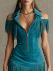 Peacock blue faux suede tassel mini dress by FJØRNA, casual style with tassel details and a fitted silhouette.