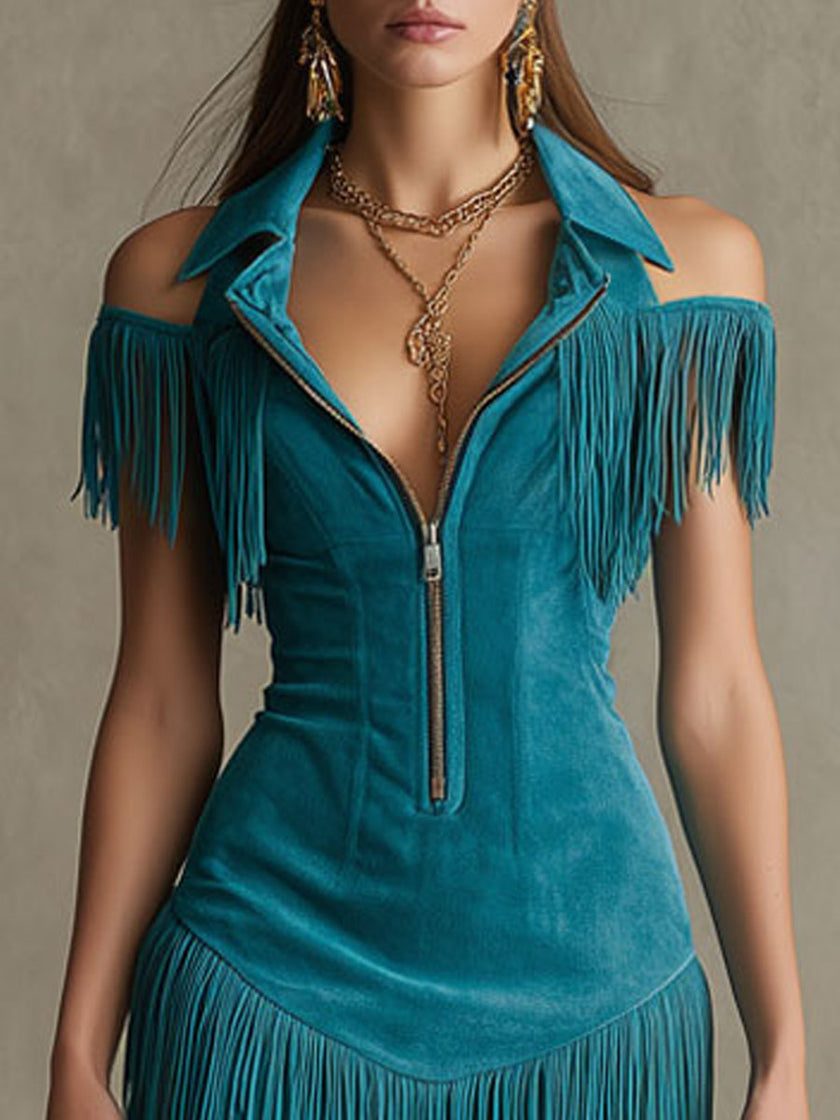 Peacock blue faux suede tassel mini dress by FJØRNA, casual style with tassel details and a fitted silhouette.