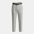Men's linen blend straight leg trousers by FJØRNA with pleats and relaxed fit, shown in a natural fabric drape.