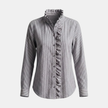 FJØRNA men's striped top, casual long-sleeve shirt with blue and white horizontal stripes, front view.