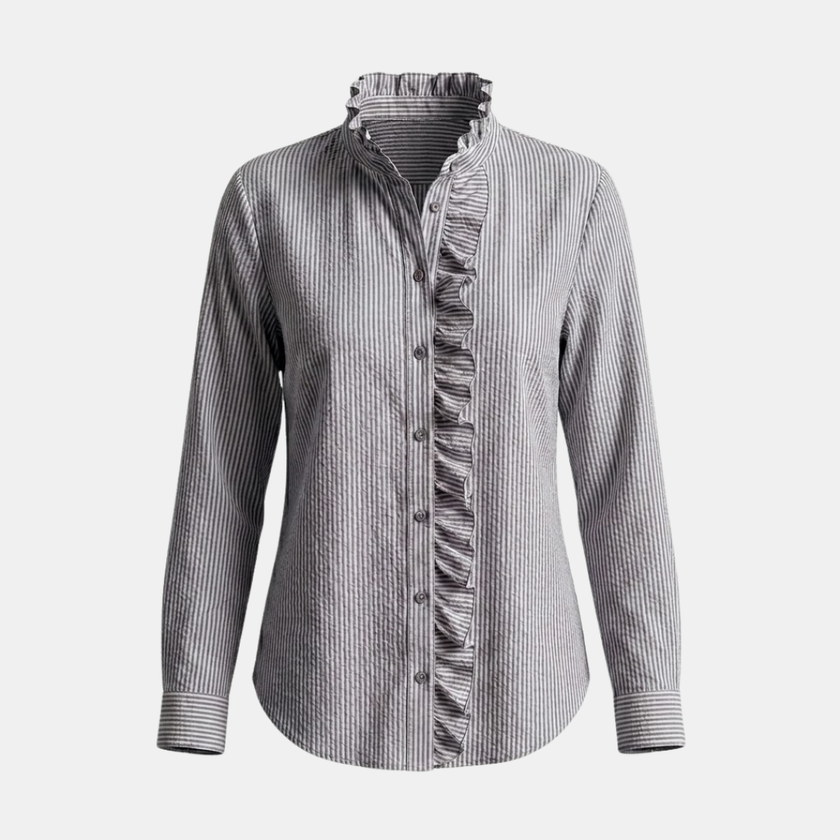 FJØRNA men's striped top, casual long-sleeve shirt with blue and white horizontal stripes, front view.