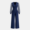Women’s V neck mesh sleeve evening jumpsuit by FJØRNA, stylish women’s set featuring a V neckline and mesh sleeve details.