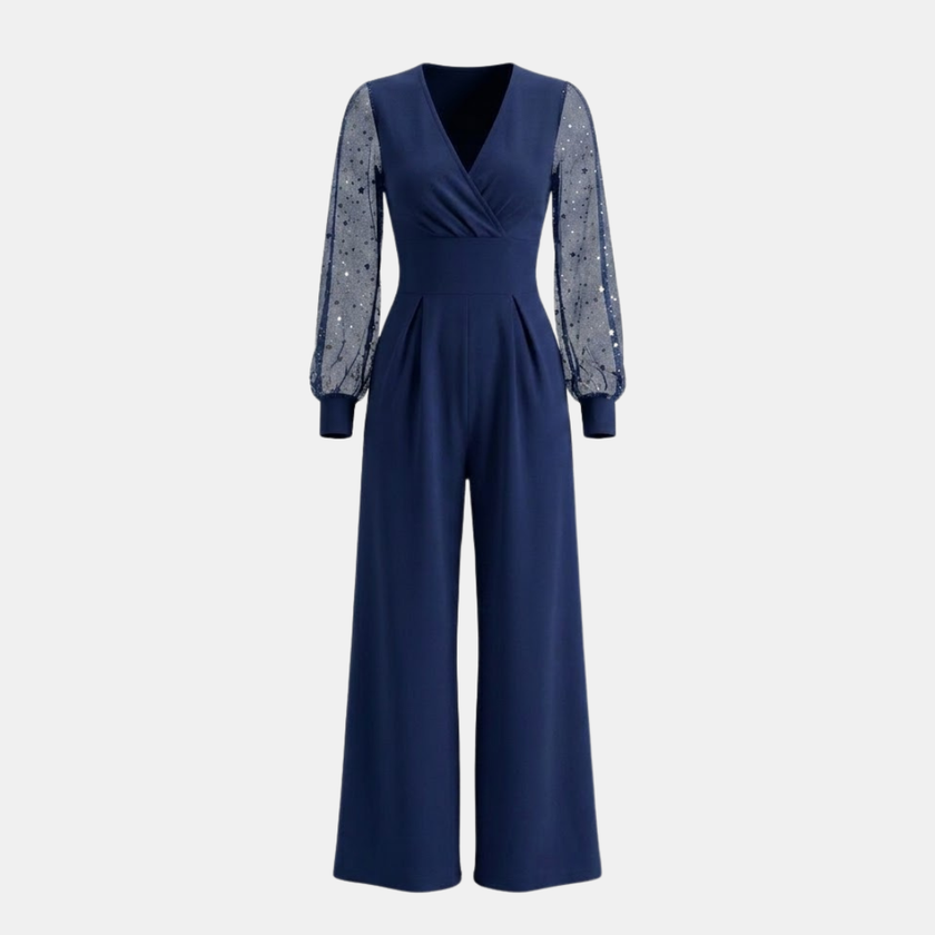 Women’s V neck mesh sleeve evening jumpsuit by FJØRNA, stylish women’s set featuring a V neckline and mesh sleeve details.