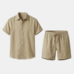 Men’s linen blend shirt and shorts co-ord set by FJØRNA, perfect for summer, featuring lightweight, breathable fabric and casual style.