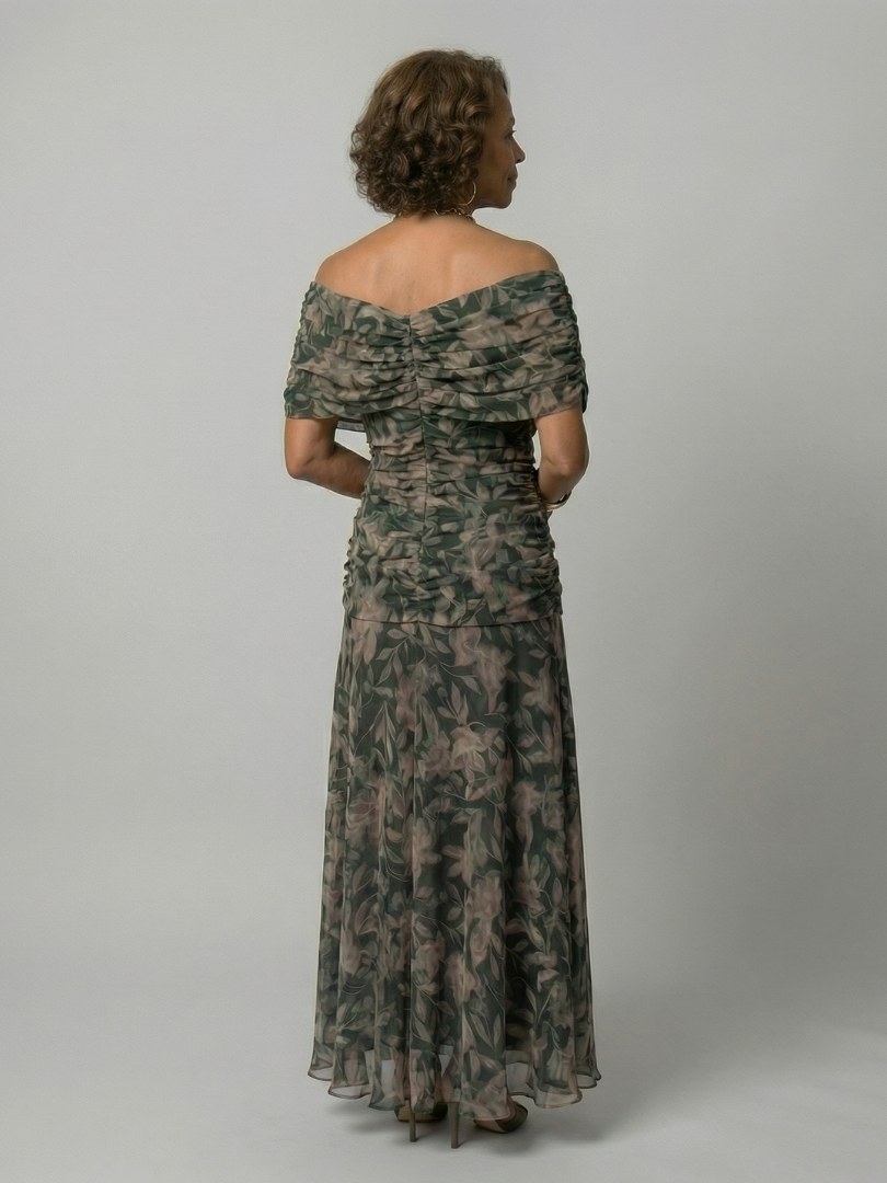 FJØRNA elegant off-shoulder midi dress for women, bodycon fit, showcasing a stylish and sophisticated design.