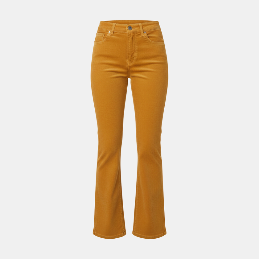 FJØRNA women's high waist flared trousers, stylish pants with a fitted waist and wide leg flare, shown on a model.