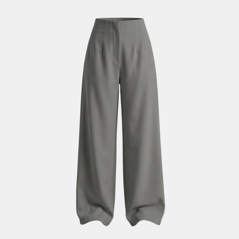 Women’s high waisted tailored wide-leg trousers by FJØRNA, showcasing the stylish fit and smooth fabric in a neutral color.