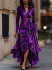 FJØRNA midnight blue satin maxi dress with draped design and ruffle details, perfect for evening or formal occasions.