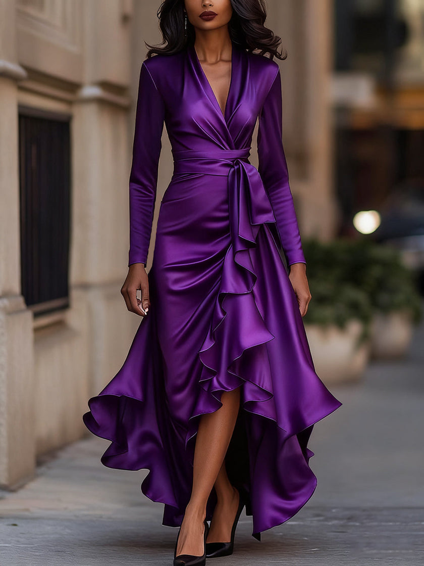 FJØRNA midnight blue satin maxi dress with draped design and ruffle details, perfect for evening or formal occasions.