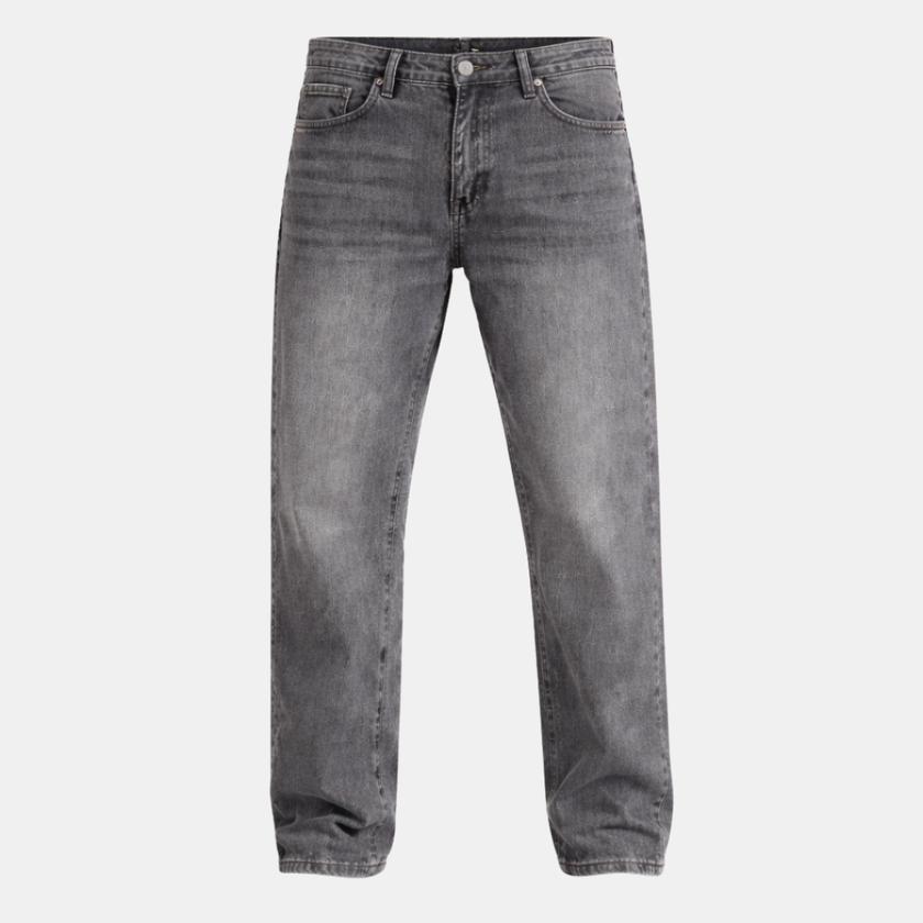 Relaxed fit denim jeans for men by FJØRNA, showing front view with classic five-pocket design and faded blue wash.