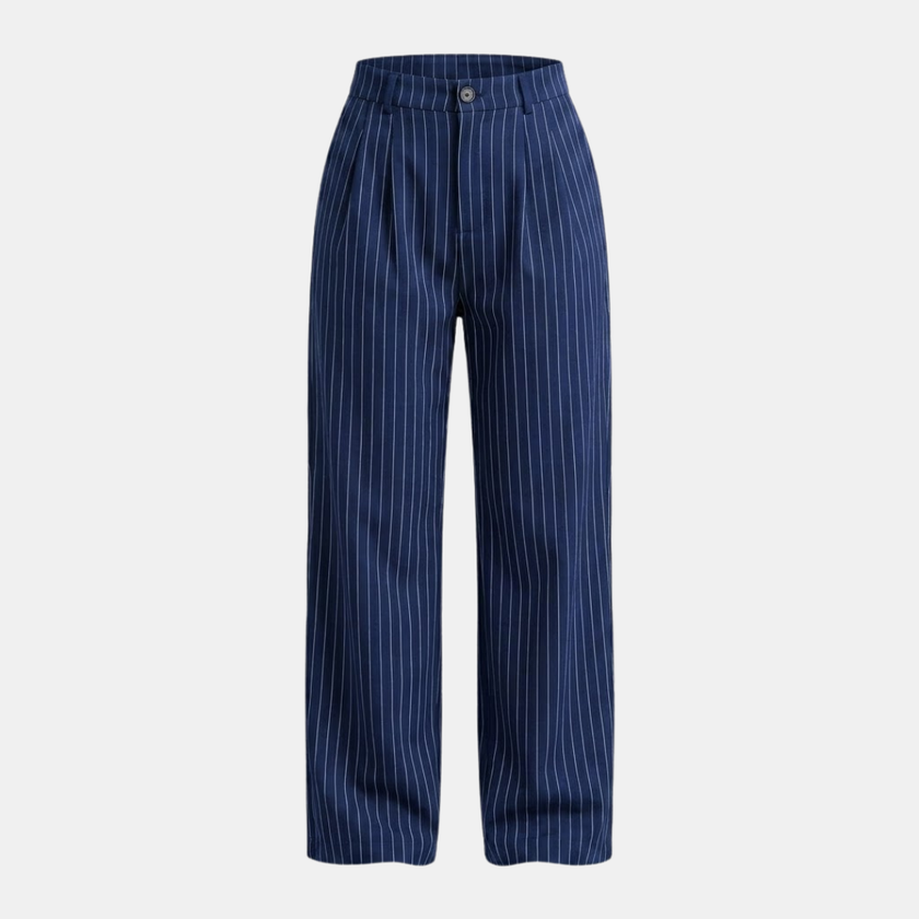 Women’s FJØRNA pinstripe wide-leg high-waisted trousers, tailored pants with a flowy fit and classic pinstripe design.