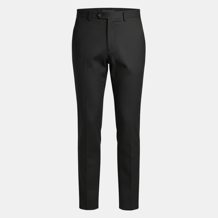 FJØRNA men's straight leg trousers with relaxed fit, shown in dark fabric, featuring a classic waistband and side pockets.