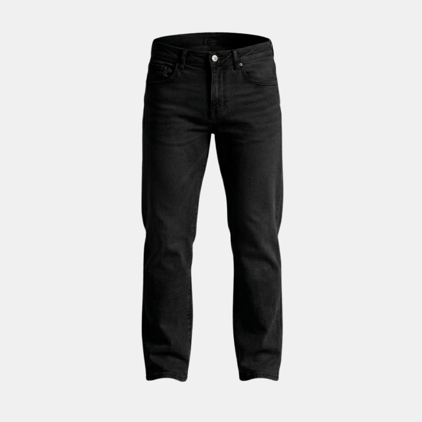 Men's tailored denim jeans by FJØRNA, stylish pants with classic blue wash and slim fit, displayed on a neutral background.