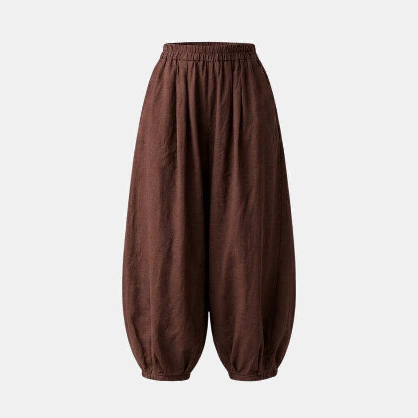 FJØRNA linen blend harem trousers for women with elastic waist and relaxed fit, stylish and comfortable pants.