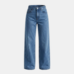 Women’s high waisted wide leg denim jeans by FJØRNA, front view showing classic blue color and relaxed fit.