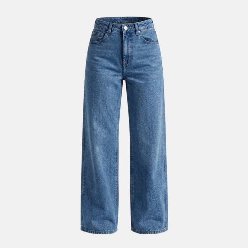 Women’s high waisted wide leg denim jeans by FJØRNA, front view showing classic blue color and relaxed fit.