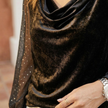 Elegant FJØRNA cowl neck velvet top featuring diamond mesh sleeves for women's fashion.