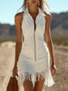 White Denim Tassel Mini Dress For Women