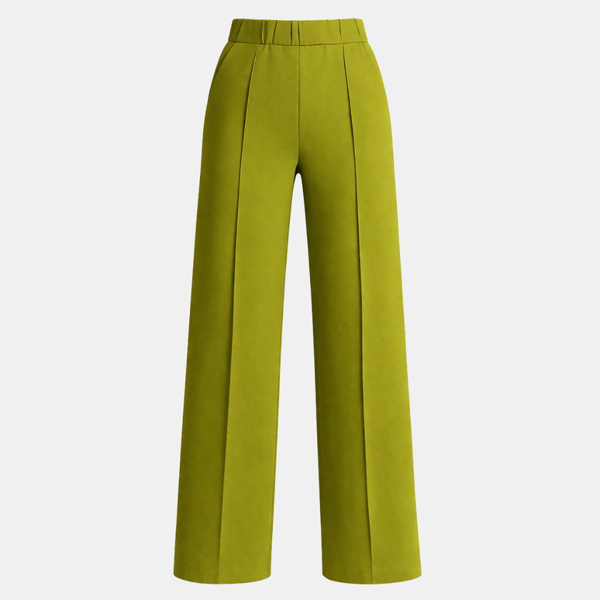 FJØRNA women's high waist wide leg tailored pants displayed on a hanger, showcasing their relaxed fit and structured design.