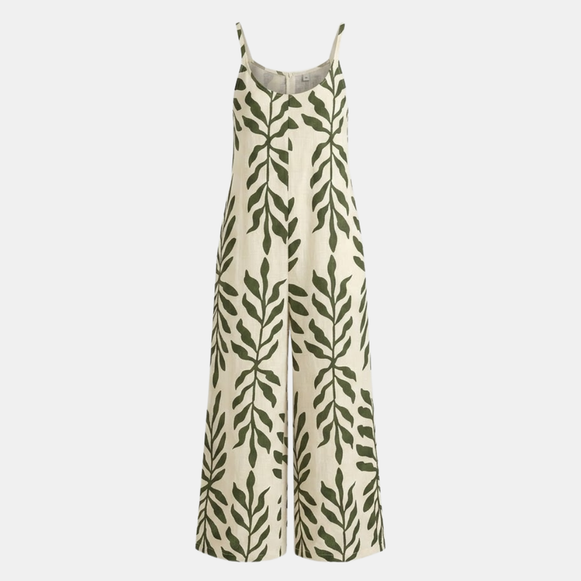 FJØRNA women's two-piece suit set with wide-leg tropical print, featuring a sleeveless top and matching pants.