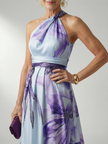 FJØRNA women's floral summer maxi dress with halter neck, sleeveless design, perfect for warm weather and casual occasions.