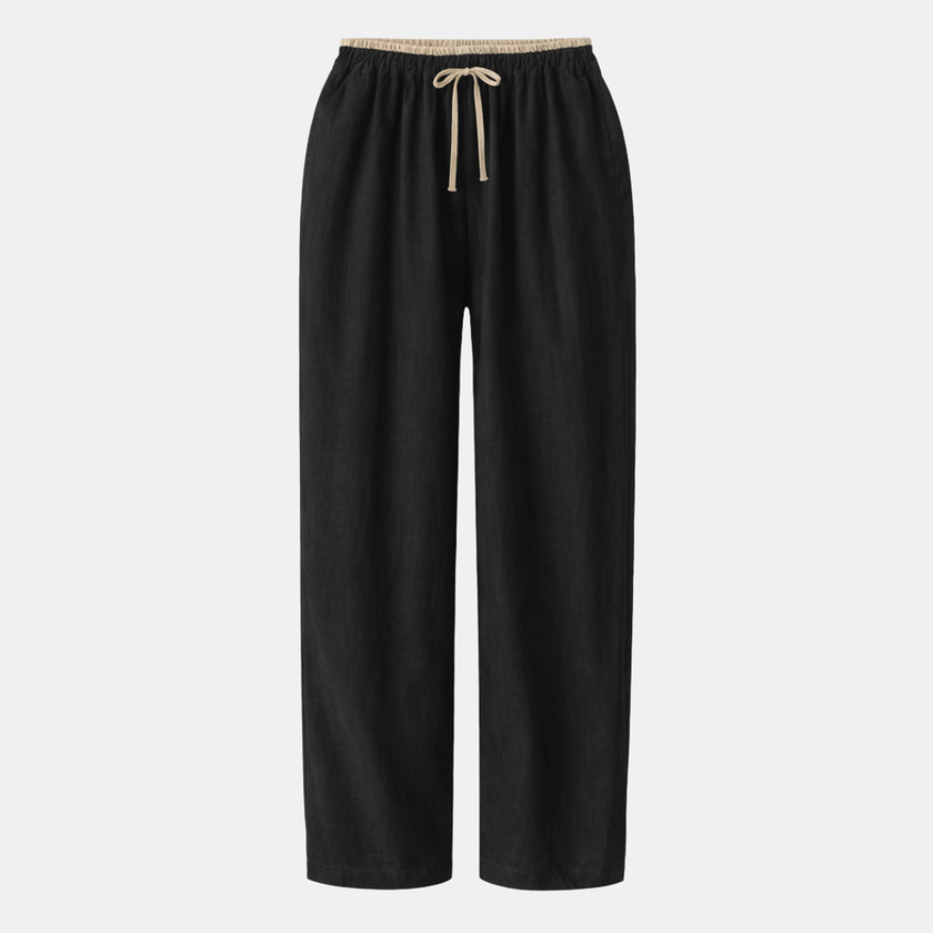 FJØRNA women's cotton linen trousers with drawstring, relaxed fit, lightweight and comfortable for casual wear.