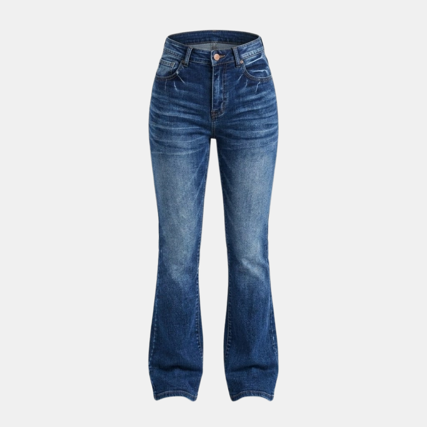 Women’s high waist bootcut jeans by FJØRNA, slim fit pants with a classic denim look and front pockets, shown on a model.