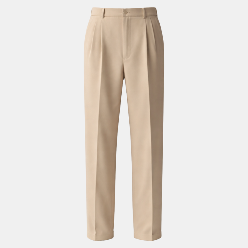 FJØRNA men's wide leg pleated trousers with relaxed fit, showcasing the stylish, comfortable pant design in neutral fabric