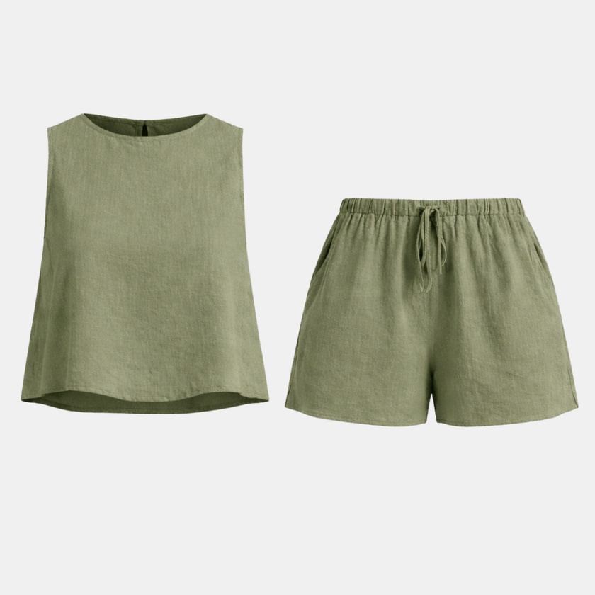 FJØRNA women's sleeveless linen co-ord set featuring a relaxed fit top and matching wide-leg pants, perfect for summer wear.
