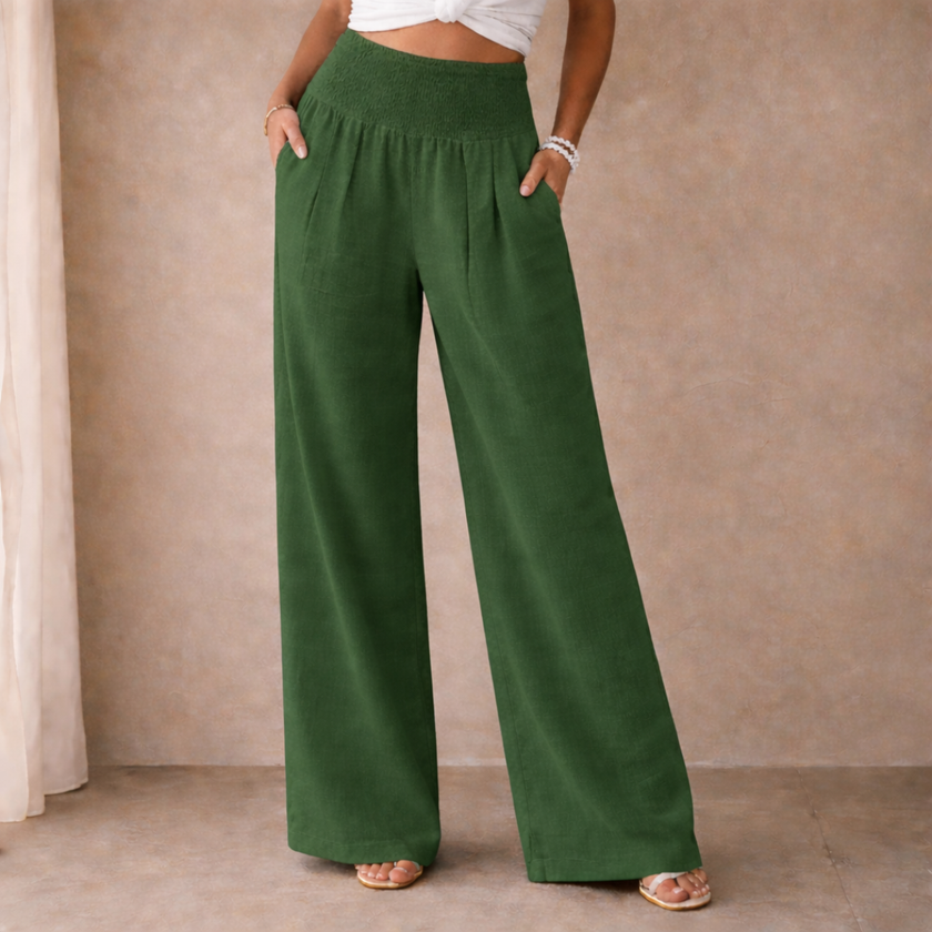 FJØRNA women's linen blend wide leg trousers with elastic waist and relaxed fit, casual and comfortable pants for women.