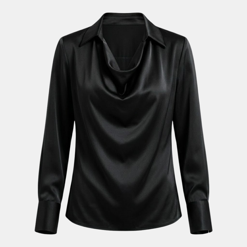 FJØRNA satin long sleeve top for women, stylish and smooth fabric, shown in a classic design with a relaxed fit.