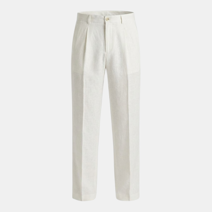 FJØRNA men's linen straight leg trousers with pleats, beige color, tailored fit, and front pockets.