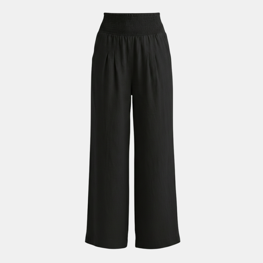 FJØRNA wide leg women's trousers with high waist and elastic waistband, full-length pants in a relaxed fit.