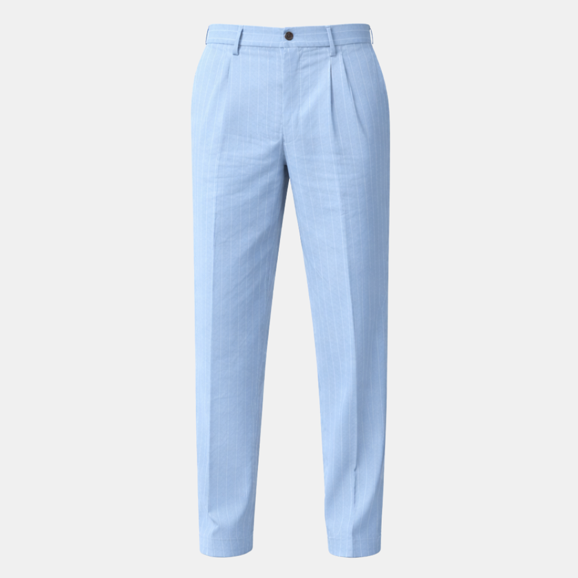 Men's linen straight leg trousers by FJØRNA with relaxed fit and striped pattern, featuring a comfortable waistband and tailored design.