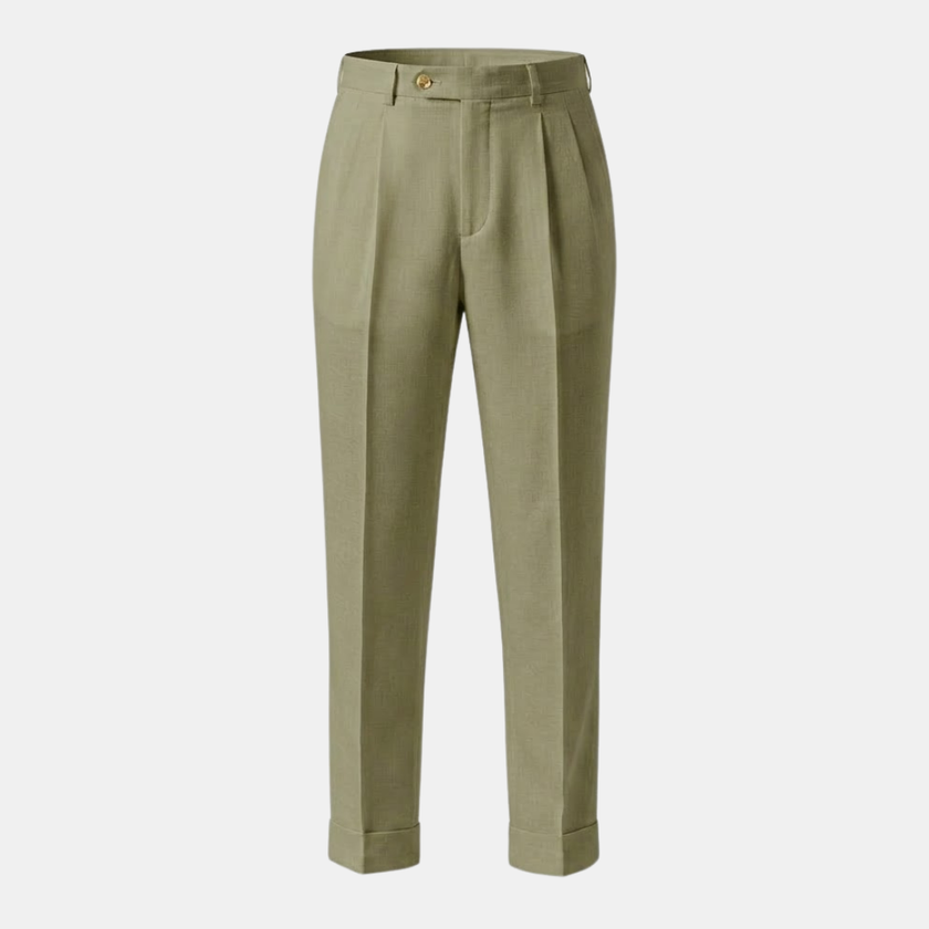FJØRNA men's linen straight-leg trousers with high waist and pleats, shown on a model with a relaxed fit and neutral background.